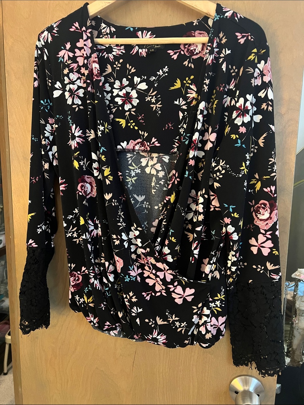 Thalia Sodi Black Floral Wrap Blouse with Lace Cuffs